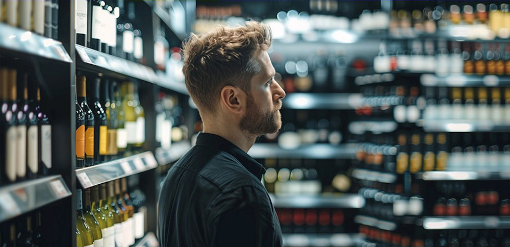 a man staring at alcohol in store